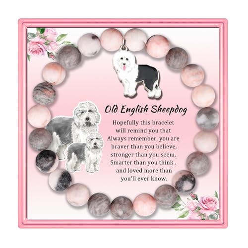 PARTNER Funny Old English Sheepdog Inspirational Birthday Gifts for Women Unique Old English Sheepdog Jewelry Lucky Natural Stone Beaded Bracelets for Women Girls with Meaningful Message Card for Old English Sheepdog Lovers