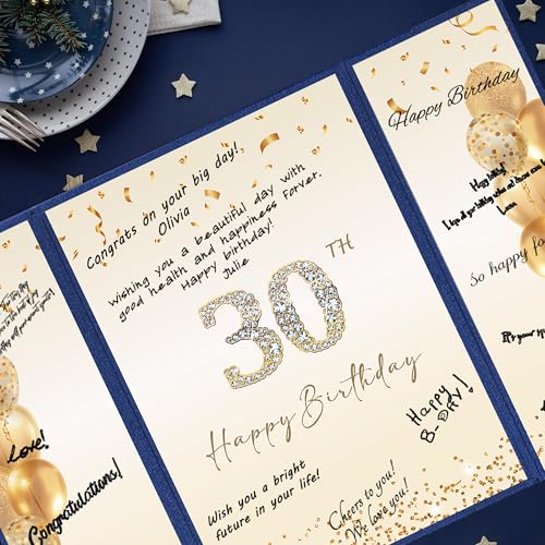 Image of DARUNAXY Blue Gold 30th Birthday Party Decorations, Blue Happy 30th Birthday Alternative Signature Guest Book for Men Women Cheers to 30 Years Old Gifts 30 Birthday Signing Card Board Party Supplies