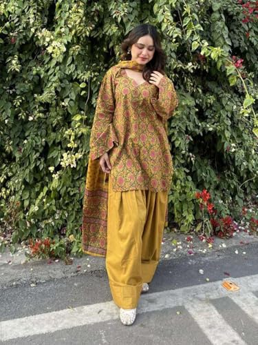 Image of ANNI Designer Farshi Salwar Suit for Women Cotton Printed | Kurta Dupatta Set for Woman | Straight Palazzo Outfit Round Neck V-Slit Long Sleeve Ethnic Dress Stylish Womens Clothing