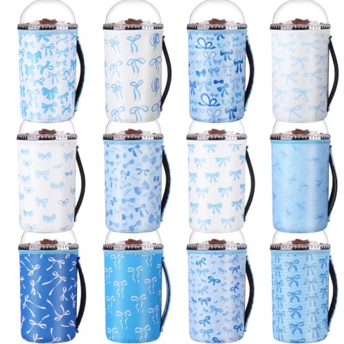 Boao 12 Pcs Blue Bows Reusable Neoprene Tumbler Sleeve with Handle, 30 oz