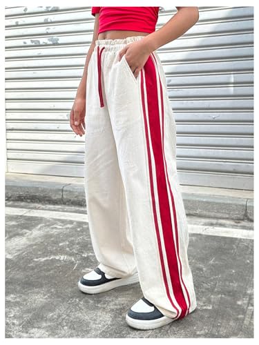 SHENHE Girl's Wide Leg Pants Drawstring Elastic Waist Side Striped Track Pants Baggy Trousers4