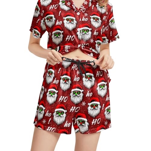 Image of Funny Satin Pajamas Set for Women Button Down Sleepwear Print Pjs Set 2 Piece Short Sleeve Loungewear Gift for Women