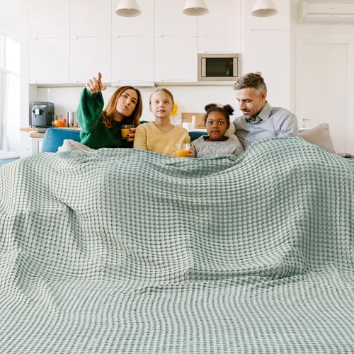 Image of Bedsure Cooling Cotton Waffle Oversized King Blanket - Lightweight Breathable Blankets Rayon Derived from Bamboo for Hot Sleepers, Luxury Throws for Bed and Sofa, Mint Green, 120x96 Inches