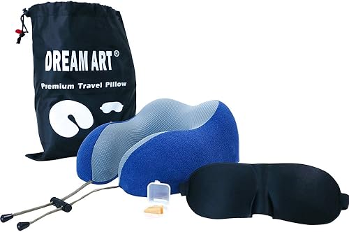 DREAM ART Almohada de viaje 100 % pura espuma viscoelástica para el cuello, funda transpirable, lavable a máquina, kit de viaje para reposacabezas