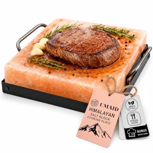 UMAID Himalayan Salt Block Cooking Plate 8x8x1.5 – Food Grade Pink Himalayan Salt Stone for Cooking, Salt Block for Grilling, Serving & Cutting – Includes Steel Tray & Grilling Recipe Booklet – Unique Gifts for Men & Women