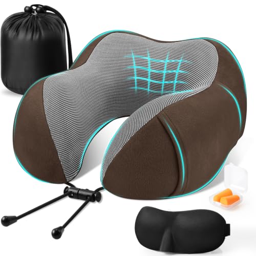 Image of CloudBliss Travel Pillow for Plane, Memory Foam Neck Pillow for Travel, Airplane Pillow with Eye Mask, Earplugs, Storage Bag, Compact Neck Pillow for Long Flight, Car & Office, Trip Essentials, Brown