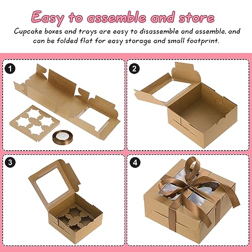 Coolty 30pcs Cupcake Boxes 4 Holes Muffins Desserts Cake Box with 3 Roll Wrapping Ribbon and 3pcs Stickers for Cookies Muffins Cupcakes Desserts Pies (Brown) - Image 4