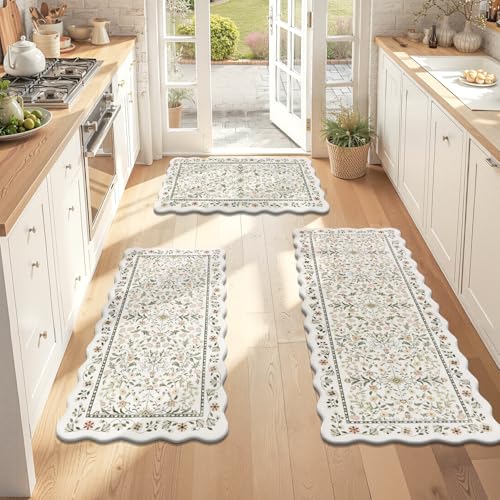 Yamaziot Anti Fatigue Kitchen Rugs Set of 3 - Boho Non Slip Waterproof Kitchen Mats for Floor, Boho Runner Rug for Kitchen Floor, Laundry, Desk, Office, 17.3"x29"+17.3"x35"+17.3"x47", Light Green