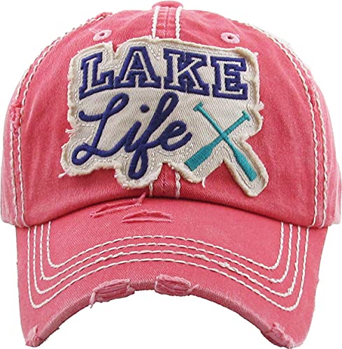 Funky Junque Girls Just Wanna Have Sun Beach Hat, Cute Embroidered Cotton Baseball Cap for Girls Age 6-8, Adjustable, Lake Life - Coral
