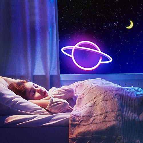 XIYUNTE Planet Neon Light Pink/Blue Neon Sign Signs Wall Decor, Battery or USB Operated Planet Neon Lights LED Planet Neon Signs Light up for Home,Kids Room,Bar,Festive Party,Christmas,Wedding