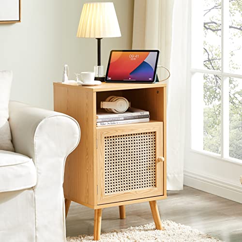 Gtolv Rattan Nightstand With Charging Station, Boho End Table With Handmade Rattan Decorated Door And Pine Legs For Bedroom, Living Room #TOP1