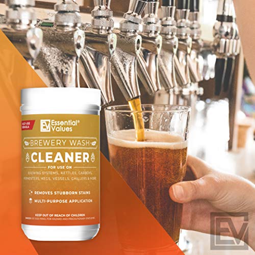 Essential Values Powder Brewery Wash (35 Uses) | Carboy Cleaner - Safely Remove Stubborn Stains | Multi-purpose Cleanser for Brewery Equipment | For Stainless Steel, Rubber, & Plastics - Made in USA