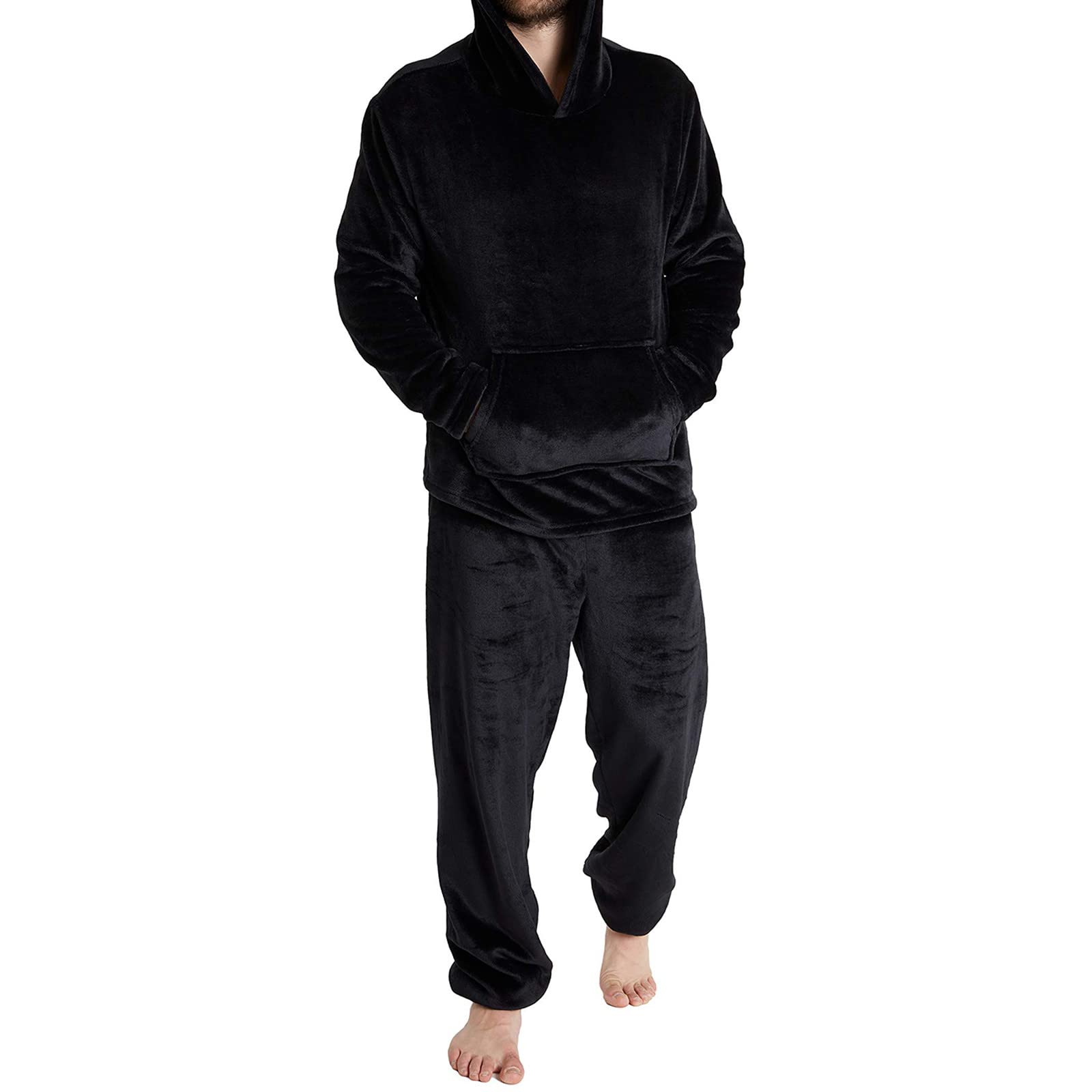 Pigiama da uomo in flanella, in pile spesso, con cappuccio e pantaloni da pigiama, in due pezzi, tinta unita, morbido, con tasca, delicato sulla pelle, con cappuccio