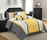Legacy Decor 7 Pc Grey, Yellow and White Striped Comforter Set with Embroidered Design, Cal King Size