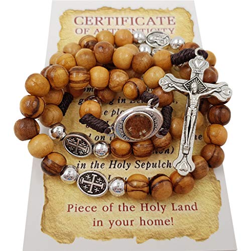 TALISMAN4U Olive Wood Rosary Beads Catholic Necklace With Jerusalem Holy Soil & Certificate In Blue Velvet Rosary Pouch2
