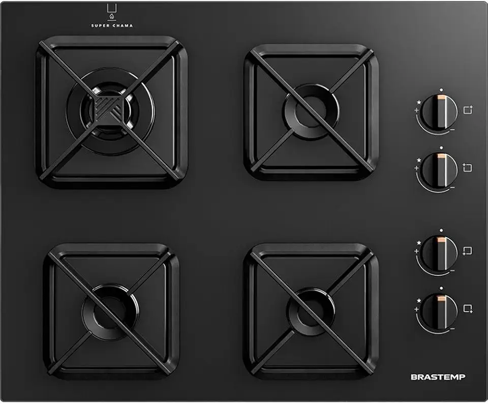 Brastemp Cooktop, Preto, 4 Bocas, Embutir, Gás GLP/GN, Chamas Especiais, Mesa de Vidro, Ferro Fundido, 48.5x59x8.6 cm, Acendimento Superautomático