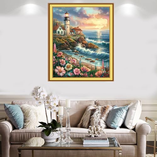 Image of Foxnyart Stamped Cross Stitch Kits Full Range of Embroidery Needlework Starter Kits for Beginners Adults 11CT Embroidery Patterns Art Crafts DIY Needlepoint Kit-Seaside Lighthouse 16x20 inchs