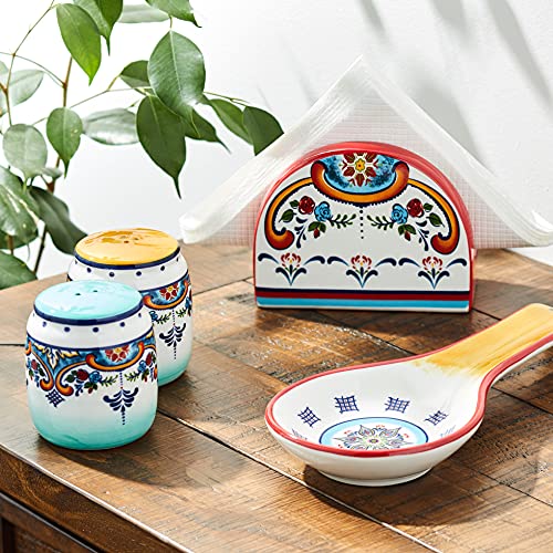 Euro Ceramica Zanzibar Collection Vibrant Ceramic Tableware Necessities, 4 Piece Completer Set, Spanish Floral Design, Multicolor #TOP5