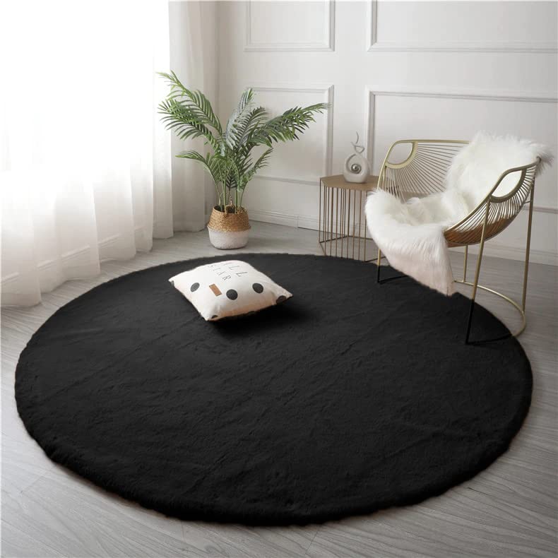 Fluffy Soft Anti-Slip Black Round Circular Carpet Area Rug Mat (48X48 Inches) Washable Thick Microfiber High Density Fur Non-Shedding Living Room Carpet Mat (Black, 4x4 Feet)