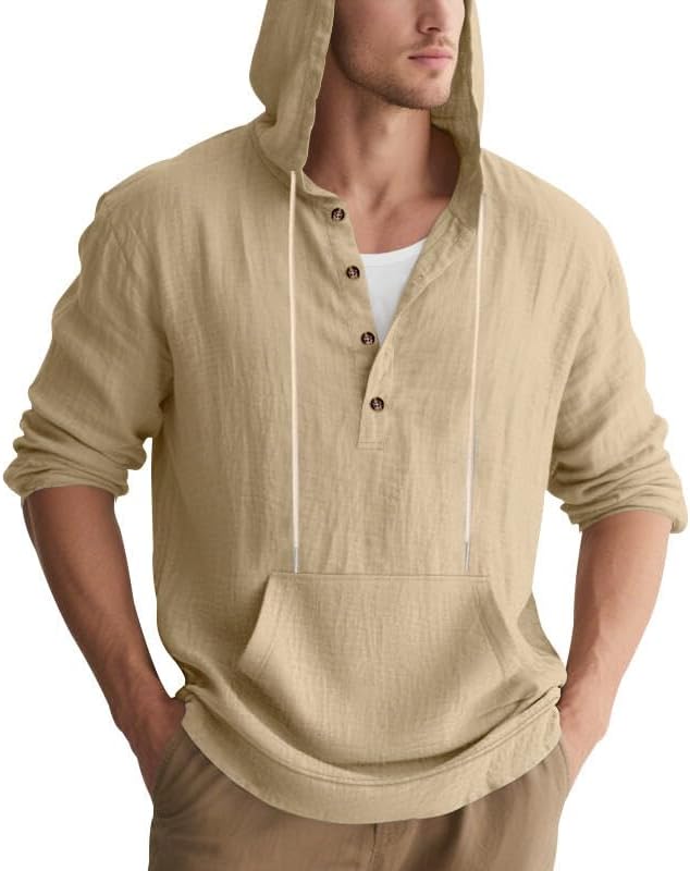 Men's Linen Hoodie Lightweight Hawaiian Shirt Casual Beach Shirt with Pockets - Image 3