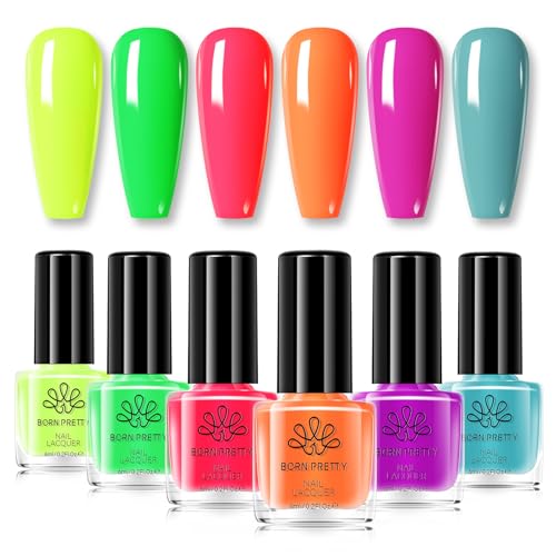 BORN PRETTY Neon Nail Polish Set 6 Colors Hot Pink Bright Colors Nail Polish Air-Dry Long-lasting Nails Varnish Set for Holiday Party