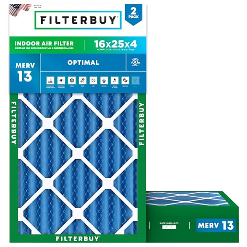 Filterbuy 16x25x4 Air Filter MERV 13 Optimal Smoke & Allergy Defense (2-Pack) Electrostatic Pleated HVAC AC Furnace Filters Replacement Made in USA (Actual Size: 15.50 x 24.50 x 3.63)