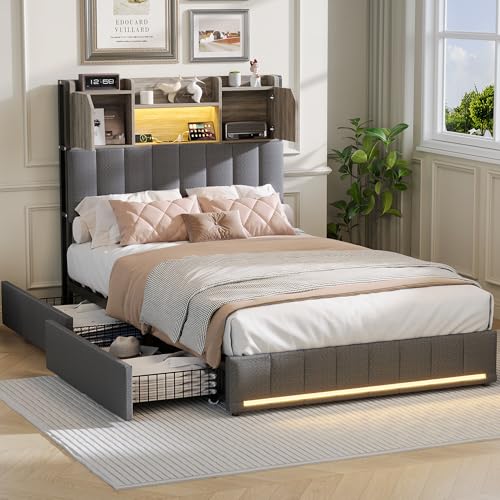 HOOGDLJ Cama tapizada 90x200cm, canapé con 2 cajones, Cama Juvenil con LED y USB, Cama Individual con canapé, Cama de Invitados, Estructura de Cama con somier y cabecero, fácil Montaje (Gris)