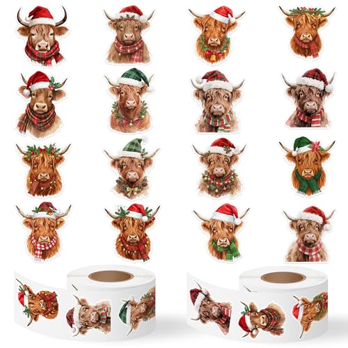 Image of Christmas Highland Cow Sticker - 600 Pcs Christmas Highland Cow Waterproof Vinyl Reusable Laptop Sticker Coloring Book Scrapbook Water Bottle Page Activity Pad Party Favor Skateboard Gift