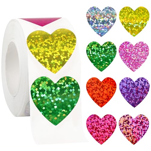 1 Inch Glitter Heart Stickers - 500Pcs Foil Colorful Heart Shaped Stickers Roll for Kids Reward Classroom Supplies Self Adhesive Love Incentive...