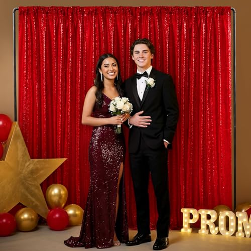 Image of Red Sequin Backdrop Curtains-2 Panels 2FTx8FT Red Backdrop for Valentines Day, Glitter Party Decorations Background Drapes for Wedding Birthday Anniversary Graduation Photo Booth Decor