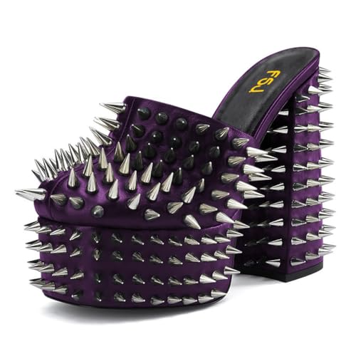 FSJ Women Studded Rivet Platform Sandals Mules Slip On Closed Round Toe Spiked Chunky Block High Heel Sexy Shoes Size 4-16 US