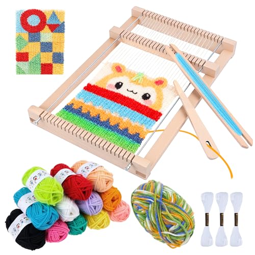 Kuvarix Webrahmen für Kinder, DIY Holz Webrahmen Set ab 4 6 Jahre, Holz Webstuhl Handarbeits Set mit Farbige Wolle, 29x19cm Schulwebrahmen für Schüler Anfänger, Bastelset für Kinder von 4–12 Jahren