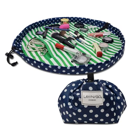 Lay-n-Go Cosmo Drawstring Cosmetic & Makeup Bag Organizer, Toiletry Bag for Travel, Gifts, and Daily Use, 20 inch, Dot (Navy/Green)