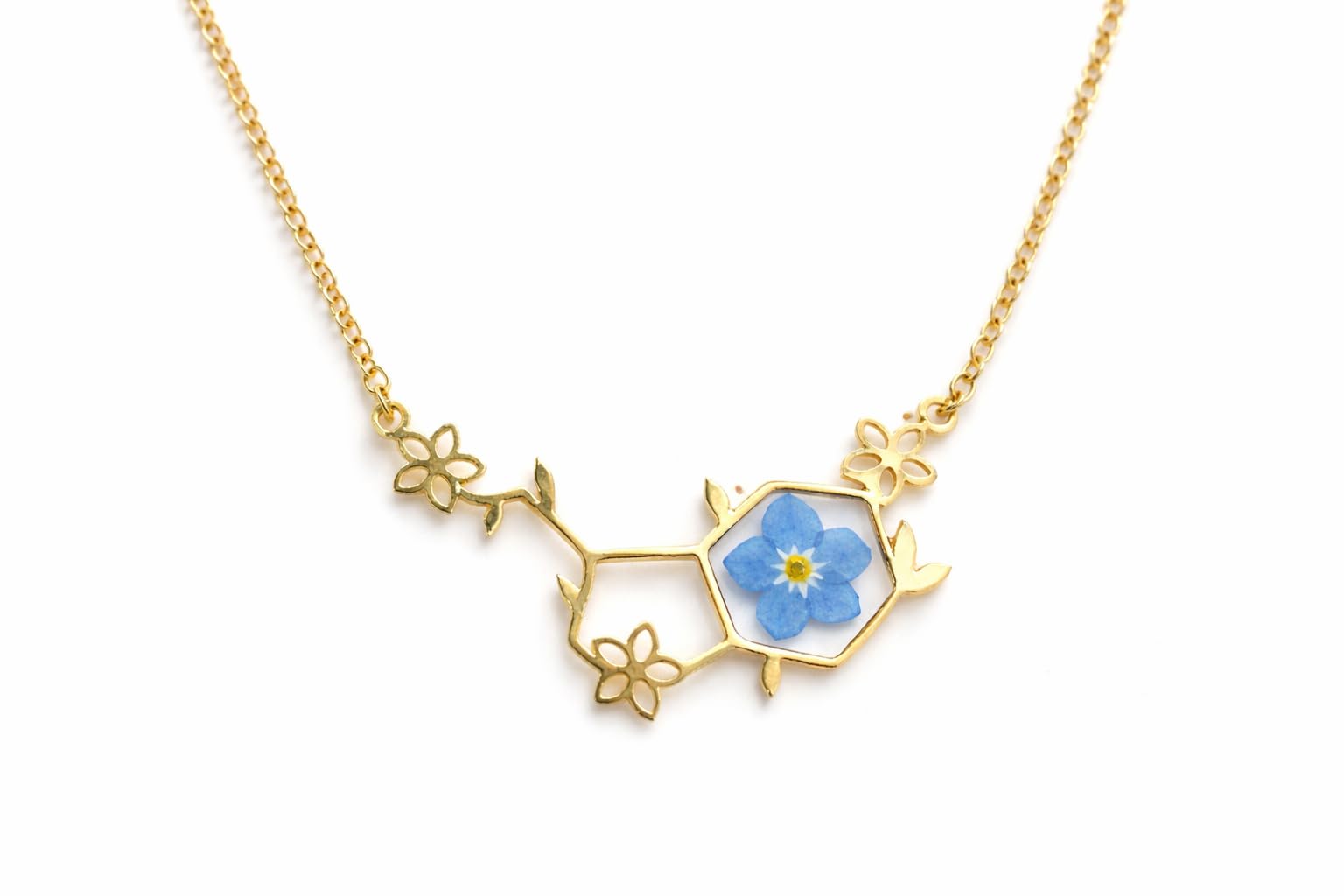 Generico BeFloral Collana Donna Molecola Di Serotonina In Acciaio Oro Con Fiore Vero Nontiscordardimè Azzurro, Gioiello Artigianale Elegante, Idea Regalo Per Lei
