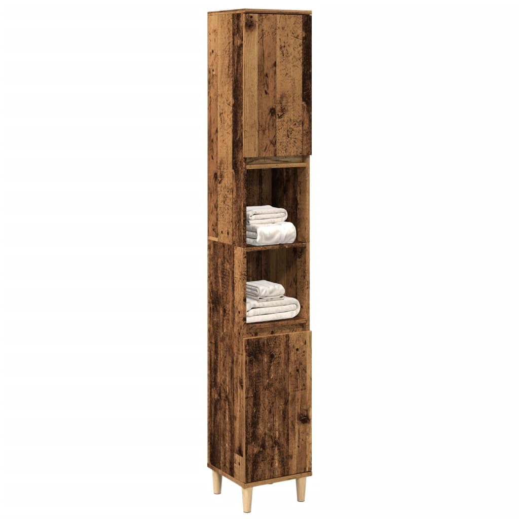 Tocador de baño 30 x 30 x 190 cm, madera vieja, mueble de baño con 6 compartimentos y 2 puertas, patas de madera maciza, armario para debajo del lavabo en aspecto vintage para pequeños baños