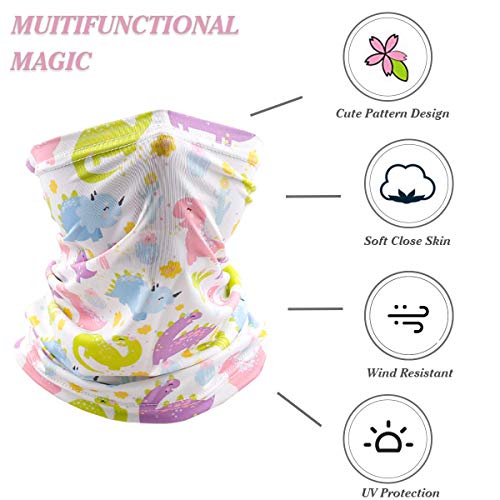 Kids Neck Gaiter Balaclava, Face Cover Bandana, Mask Toddler Half Face Protective Reusable Infinity Scarf, Headwear for Softball. Gifts for Girls. Pink Unicorn/White Dinosaur, Large