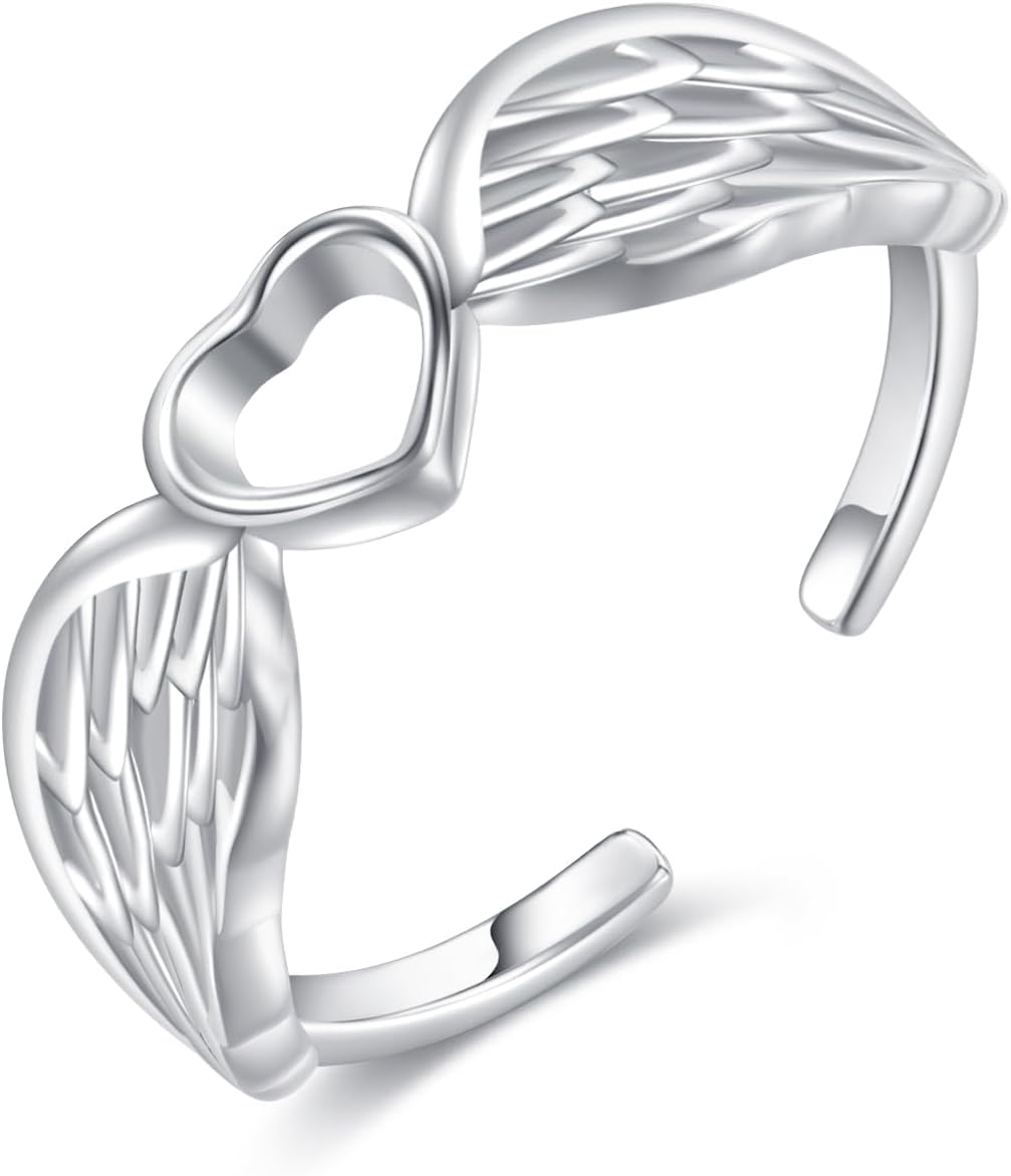 AOBOCO 925 Sterling Silver Ring Heart Angel Wings Ring Adjustable Heart Rings for Women