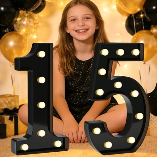 Image of Pooqla 15th Birthday Decorations for Boys, Large Black Light Up Numbers | Black Party Decorations, 12.6in Tall Big Marquee Numbers 15th Anniversary Birthday Gift for Boys Wedding Room Decor