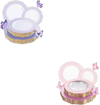 WDF 60pcs Purple Plates Disposable with Gold Rim 60Pcs Pink Plates Disposable with Gold Rim
