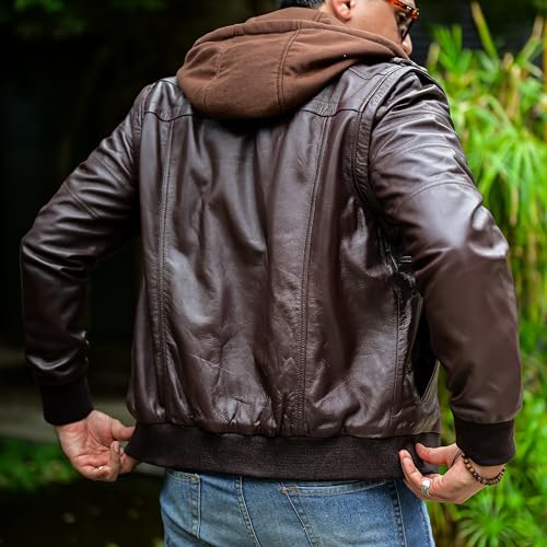 Image of Jild Hooded 2.0 Leather Jacket Men - Genuine Lambskin Leather Bomber Jacket with Removable Hood for Mens Fashion