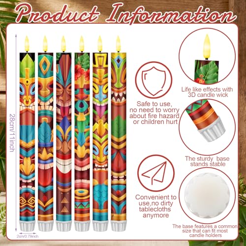 Image of Aurelema 6 Pcs Tribal Tiki Flameless Candles Hawaiian LED Flameless Candle Set Battery Operated Taper Flickering Candles Luau Celebration with Remote for Summer Holiday Tiki Bar Party Table Decor Gift