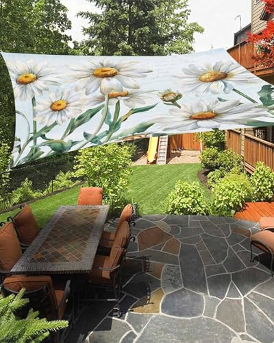 Blue Daisy Floral Sun Sail Shades Rectangle Canopy,Sunlight Block Heavy Duty Curved Backyard Shade Cover,Waterproof Sun Shades for Patios Outdoor,12'x16' Vintage Botanical Spring Flower Painting Art