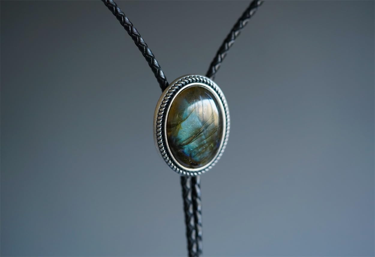 Labradorite Stone Western Rodeo Cowboy Cowgirl Oval Bolo Tie Each Nature Stone is Unique, Large, Antique Silver