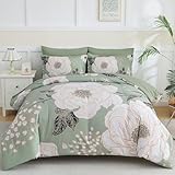 Luxudecor Floral Queen Comforter Set 7 Pieces Bed in a Bag, White Flower Print on Green Bedding Set, Soft Reversible Comforter with Sheet Set 90