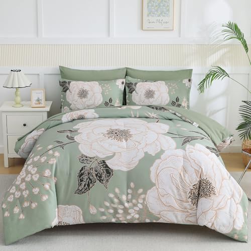 Luxudecor Floral Queen Comforter Set 7 Pieces Bed in a Bag,