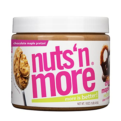 Nuts ‘N More Chocolate Maple Pretzel Peanut Butter Spread, Added Protein All Natural Snack, Low Carb, Low Sugar, Non-GMO, High Protein Flavored Nut Butter (15 oz Jar)
