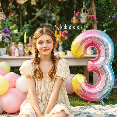 Image of Rainbow Gradient Number 3 Balloon 40 Inch Big Large Balloons 0-9 | 3rd Helium Foil Mylar Number Balloons for Birthday Anniversary Party Decorations