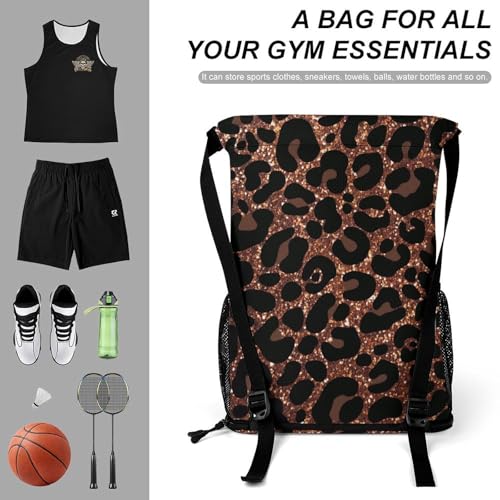 Leopard Print Drawstring Backpack Gym Bag With Shoe Compartment String Bag Sport Beach Sackpack3