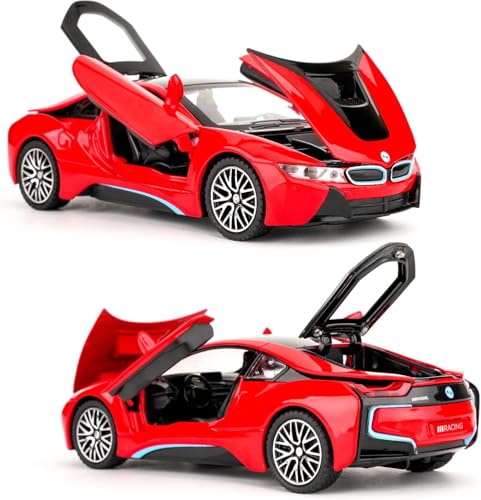 Image of 1:32 BMW i8 Diecast Toy Car Pull Back Metal Car with Openable Doors Sound & Light Features Realistic Kids Gift & Collectible Model for Boys & Girls (Red)