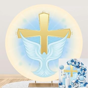7.5x7.5ft Gold Cross Round Backdrop Peace Dove God Bless Circle Background for Photography Newborn Baby Shower Baptism Party Decor First Holy Communion Christening Banner Photo Studio Props